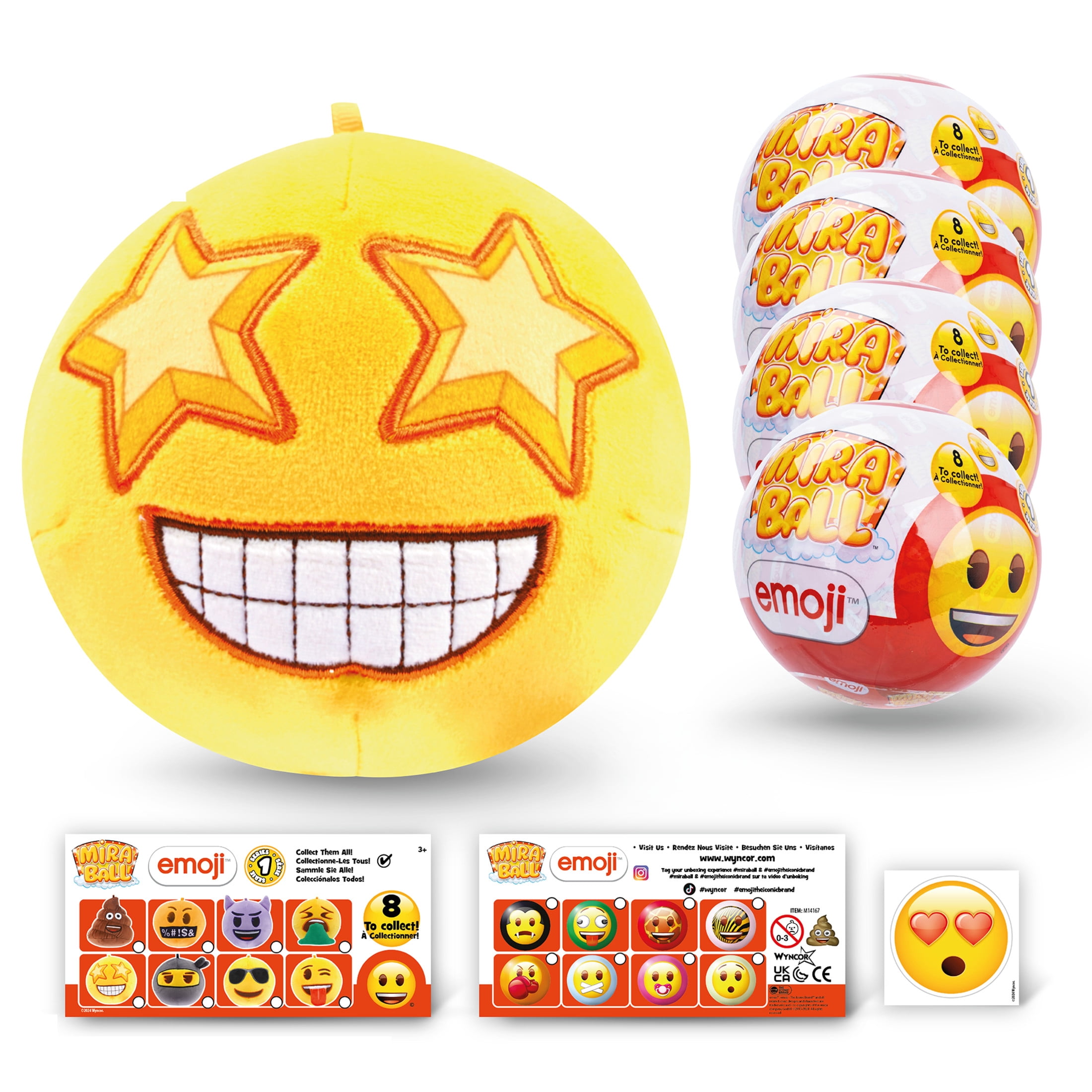 Emoji Plush MiraBall Mystery Ball with Stickers & Fidget Toys - Plushies Blind Box Cute Figures, Stuffed Animal Collectible Toys, Gifts, Prizes for Kids, Ages 3+ (4-Pack)