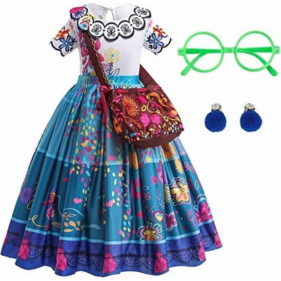 Mirabel Costume for Girls Madrigal Cosplay outfits Birthday Dress Up With Bag Glasses Earrings 3-12 Years