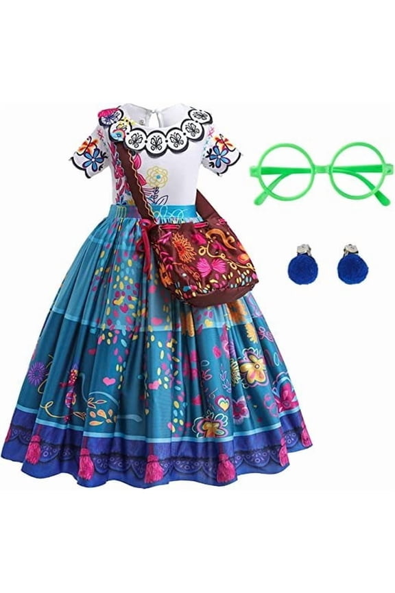 Mirabel Costume for Girls Madrigal Cosplay outfits Birthday Dress Up With Bag Glasses Earrings 3-12 Years