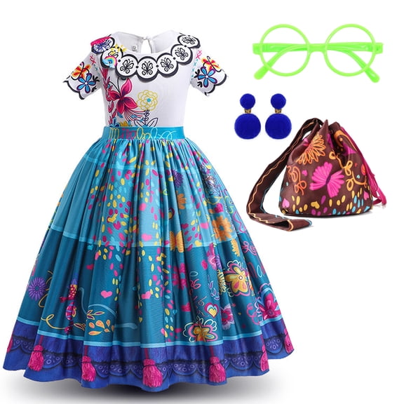 Mirabel Costume for Girls Madrigal Cosplay outfits Birthday Dress Up With Bag Glasses Earrings