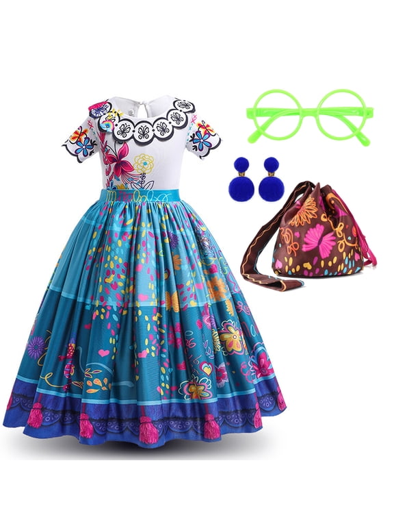 Mirabel Costume for Girls Madrigal Cosplay outfits Birthday Dress Up With Bag Glasses Earrings