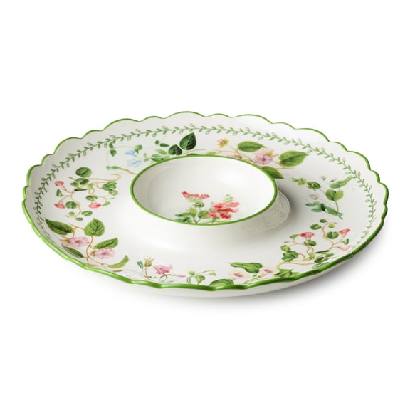 Mirabella Porcelain 14-Inch CHIP AND DIP SERVER, elegant floral serving tray with butterflies and scalloped vine trim, perfect for chips, veggies, appetizers, entertaining and coordinated table