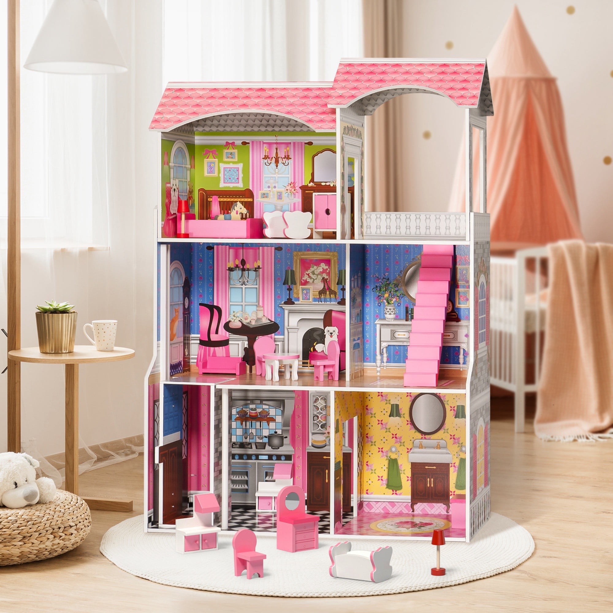 Mirabranlly Wooden Dollhouse Set with Elevator and 10 Furniture Accessories 3 Layer DIY Wood Doll House for for Girls Pretend Play Toy Walmart
