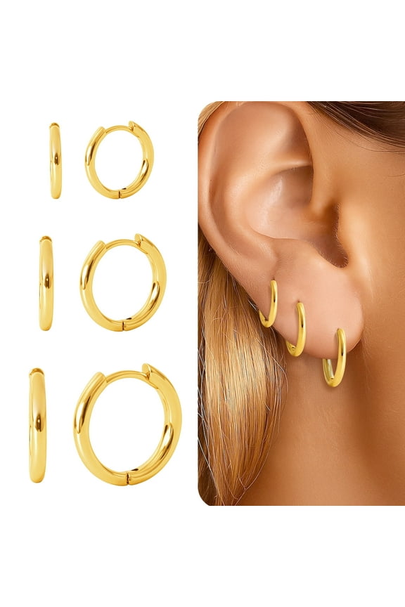 18K Gold Plated Hoop Earrings Set for Women Hypoallergenic 3 Pairs