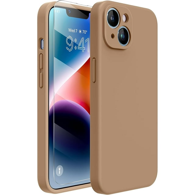 Miracase Designed for iPhone 14 Plus Case with Screen Protector,[Upgraded Enhanced Camera Protection],Shockproof Liquid Silicone Case with Microfiber Lining,6.7 inch(Chocolate)