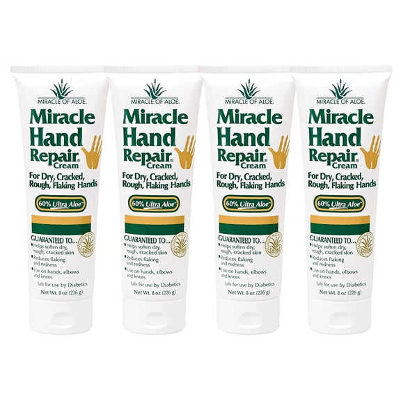 Miracle of Aloe Miracle Hand Repair Cream 8 oz Healing Aloe Vera Lotion for Dry, Cracked Hands with 60% Ultra Aloe Gel - Moisturizes, Softens, and Repairs - Non-Greasy, Lightly Scented (4-Pack)
