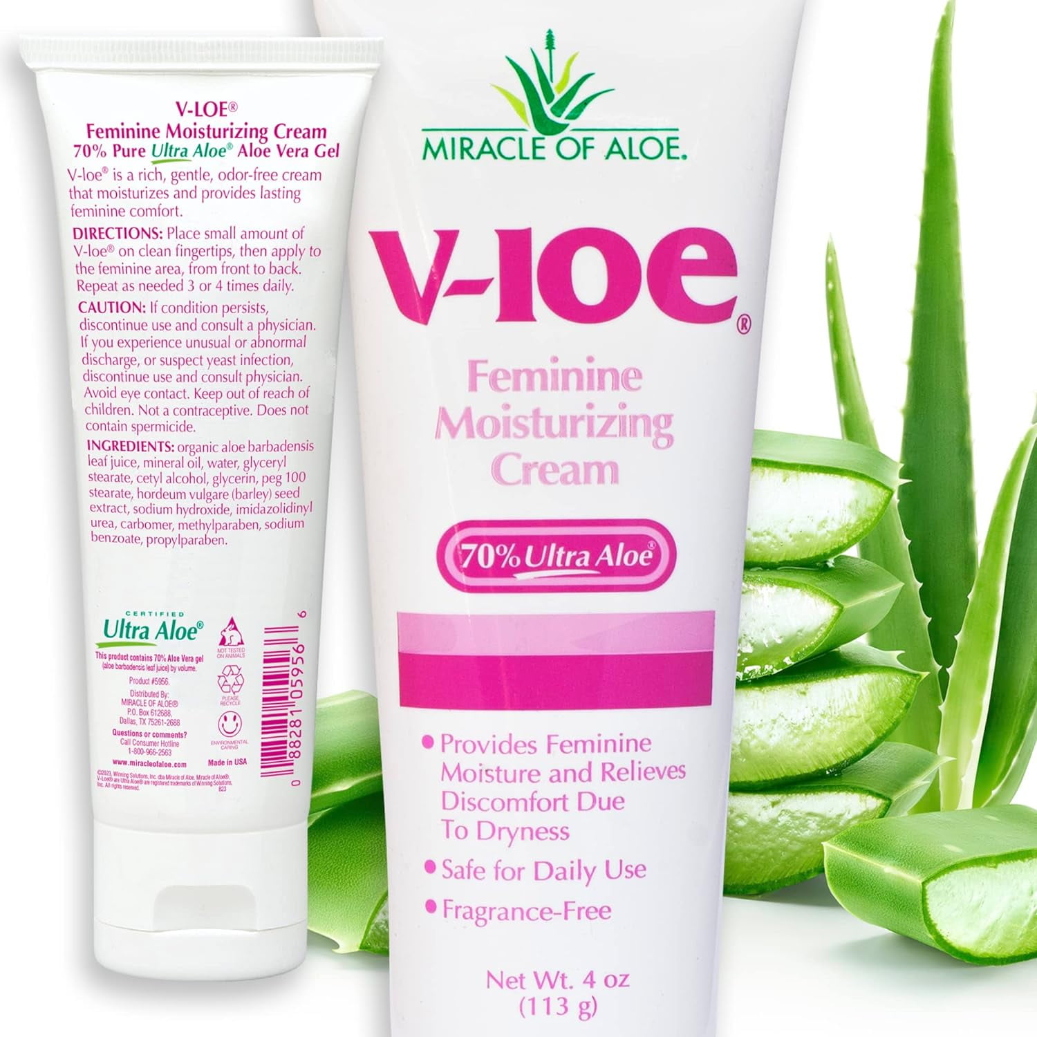Miracle of Aloe V-loe Soothing Feminine Moisturizing Cream: 70% Aloe Vera - Natural Non-Estrogen Formula for Quick Relief & Hydration of Sensitive Vulva Skin - Non-Prescription Vaginal Comfort (4 oz)