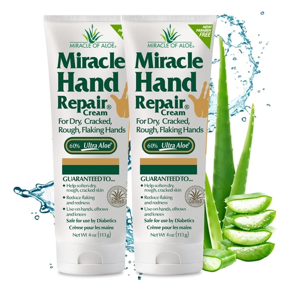 Miracle of Aloes Miracle Hand Repair Cream 4 oz Healing Aloe Vera Lotion for Dry, Cracked Hands with 60% Ultra Aloe Gel - Moisturizes, Softens, and Repairs - Non-Greasy, Lightly Scented (2-Pack)