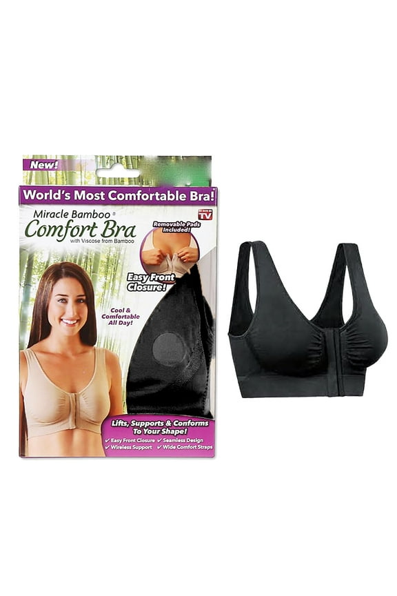 Miracle Bamboo Womens Seamless Wire-Free Comfort Support Bra with Front Closure, Black, XL