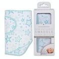 thumbnail image 1 of Miracle Blanket Swaddle Wrap - Boy, Girl, or Neutral Receiving Baby Blanket - Soft, Wearable Sleep Sack Essential for Newborns and Infants (Aqua Stars with Aqua Trim), 1 of 5