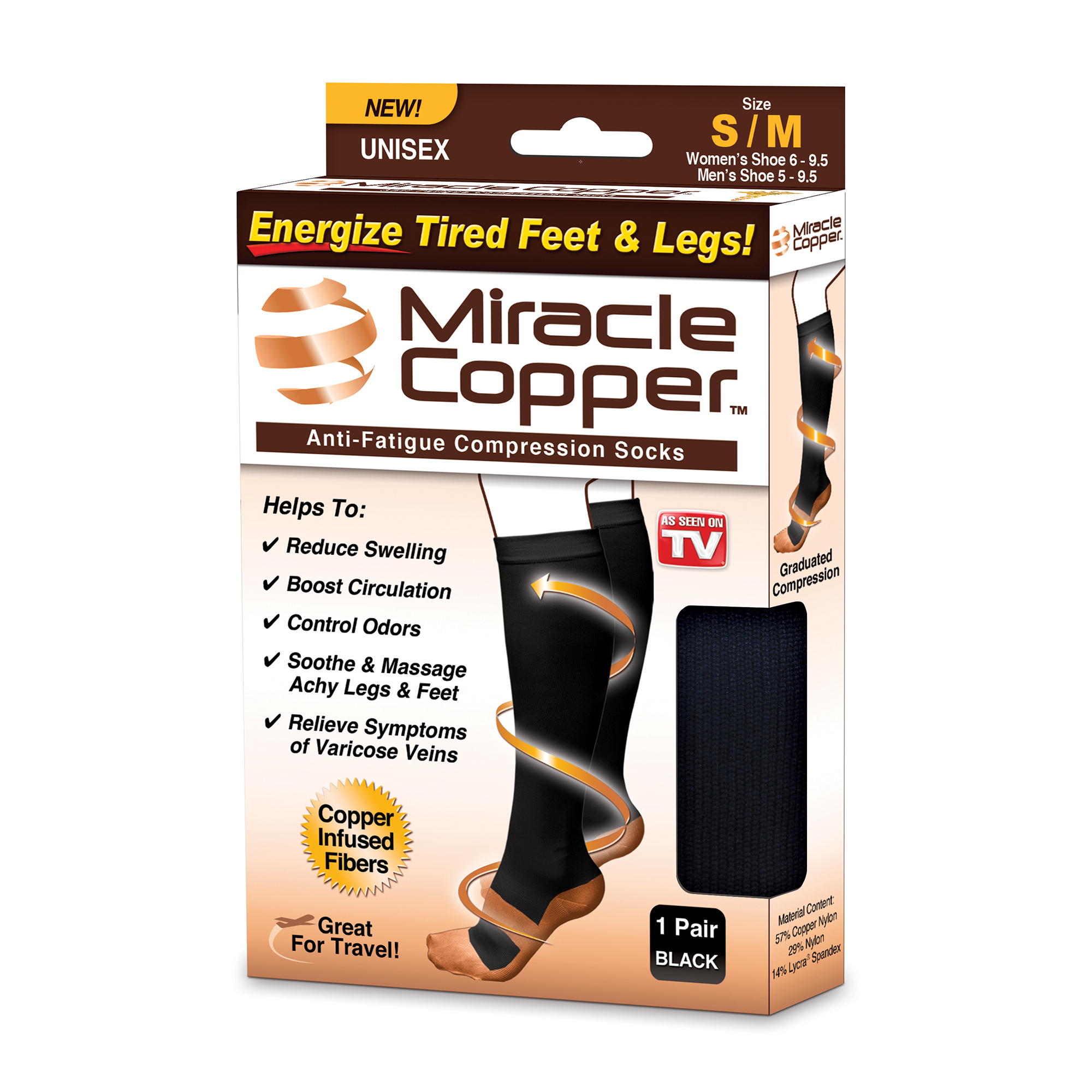 Miracle Copper Anti-Fatigue Copper Infused Compression Socks, Choose Your Size Unisex, As Seen on TV - image 1 of 6