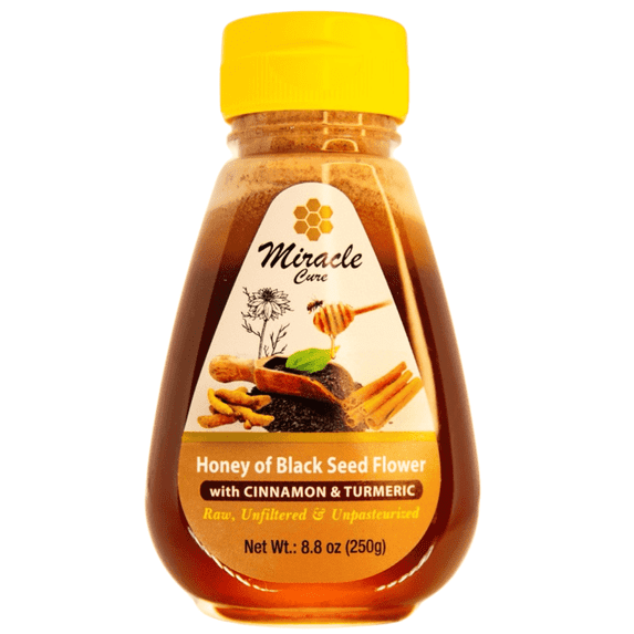 Miracle Cure Black Seed Honey with Cinnamon and Turmeric - Not Mixed with Oil or Powder - Immune Booster - 100% Natural Raw Honey - Squeezable Bottle 250g / 8.8oz