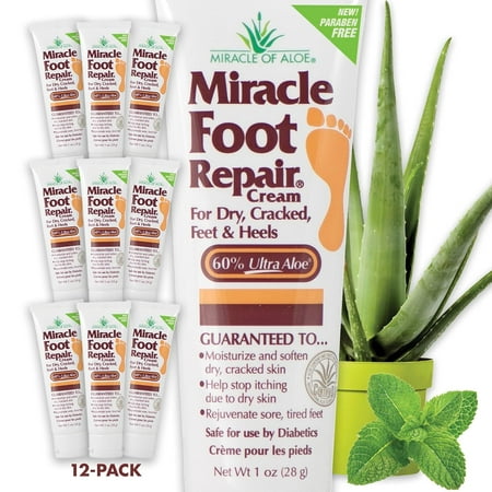Miracle Foot Repair Cream (1 oz / 12 Pack) Repairs Dry Cracked Heels and Feet, Diabetic-Safe, 60% Pure Ultra Aloe Moisturizes, Softens, and Repairs, Relief from Discomfort of Ingrown Toenails