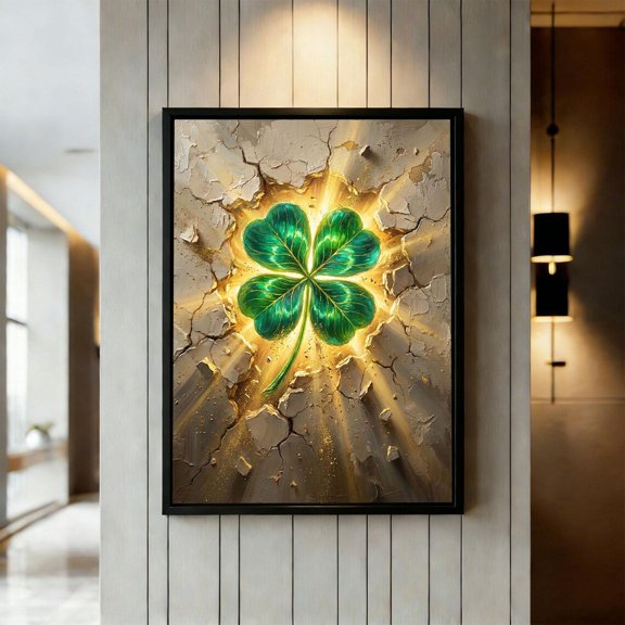 Miracle Four Leaf Clover Art | Glowing Golden Light Through Stone Wall, Unframed Paper Poster 8x10in