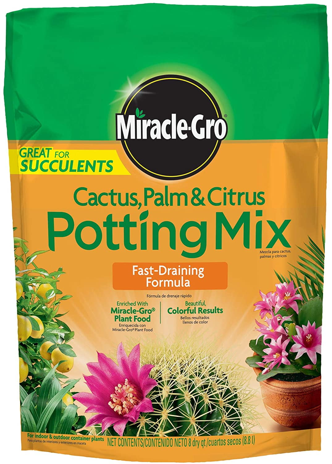 Miracle-Gro Cactus, Palm \u0026 Citrus Soil - For Containers , Added Fertilizer Feeds for 6 Months, 8 qt. 1-Pack