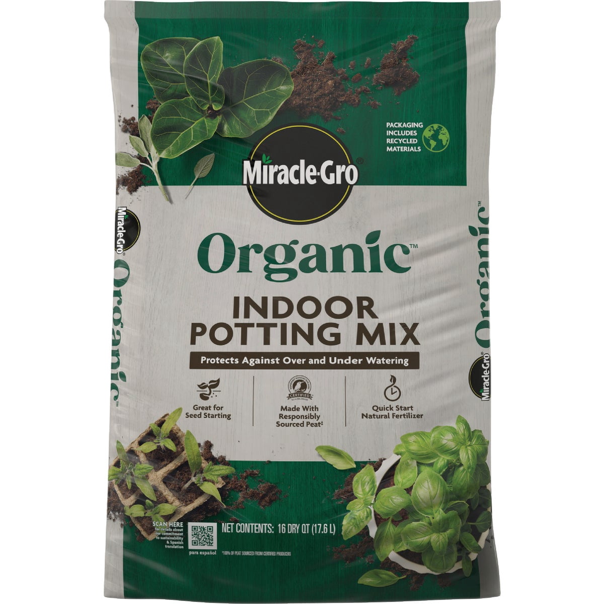 Miracle-Gro Organic Indoor Potting Mix - Protects Against Over and Under Watering, Planting Soil for Indoor Container Plants, Houseplants and Starter Plants, OMRI Listed, 16 qt. (2-Pack)