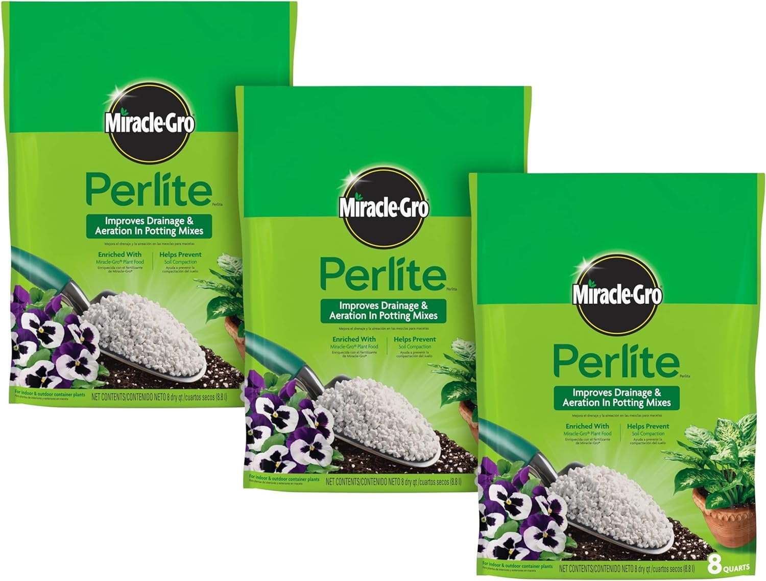 Scotts Miracle-Gro Perlite, Enriched with Plant Food, For Container Gardening, 8 qt. 3-Pack — Outdoor & Indoor Plant Use, Easy Application