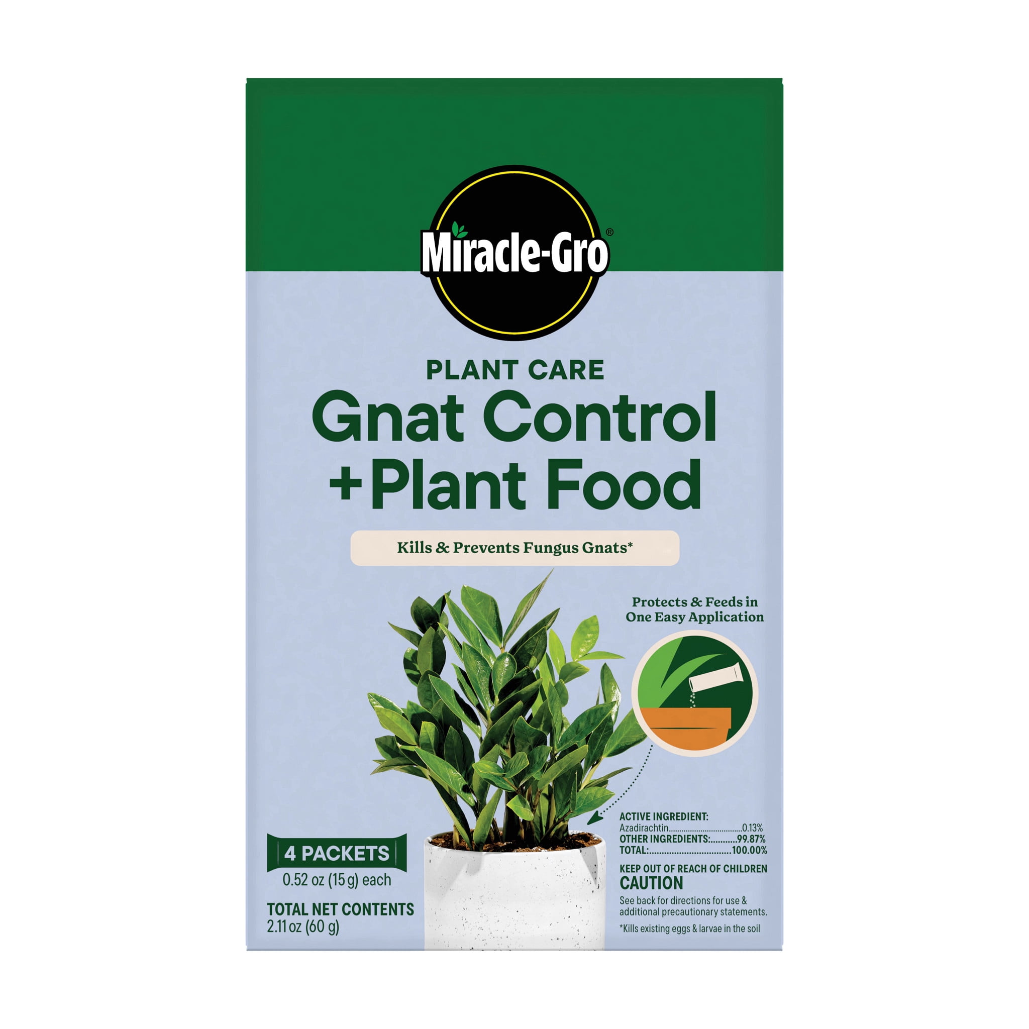 Miracle-Gro Plant Care Gnat Control Plus Plant Food, for Indoor Plants, Houseplants, Vegetables, and Herbs, 4 Packets
