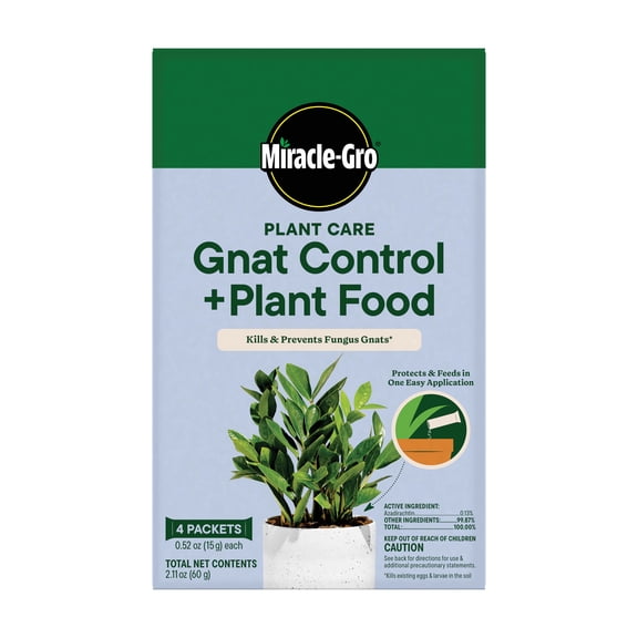 Miracle-Gro Plant Care Gnat Control Plus Plant Food, for Indoor Plants, Houseplants, Vegetables, and Herbs, 4 Packets
