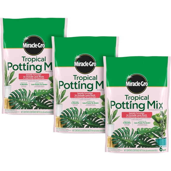 Miracle-Gro Tropical Potting Mix, For Container Plants, Use with Snake Plants, Spider Plants, Pothos, Monstera, 6 qt., 3-Pack
