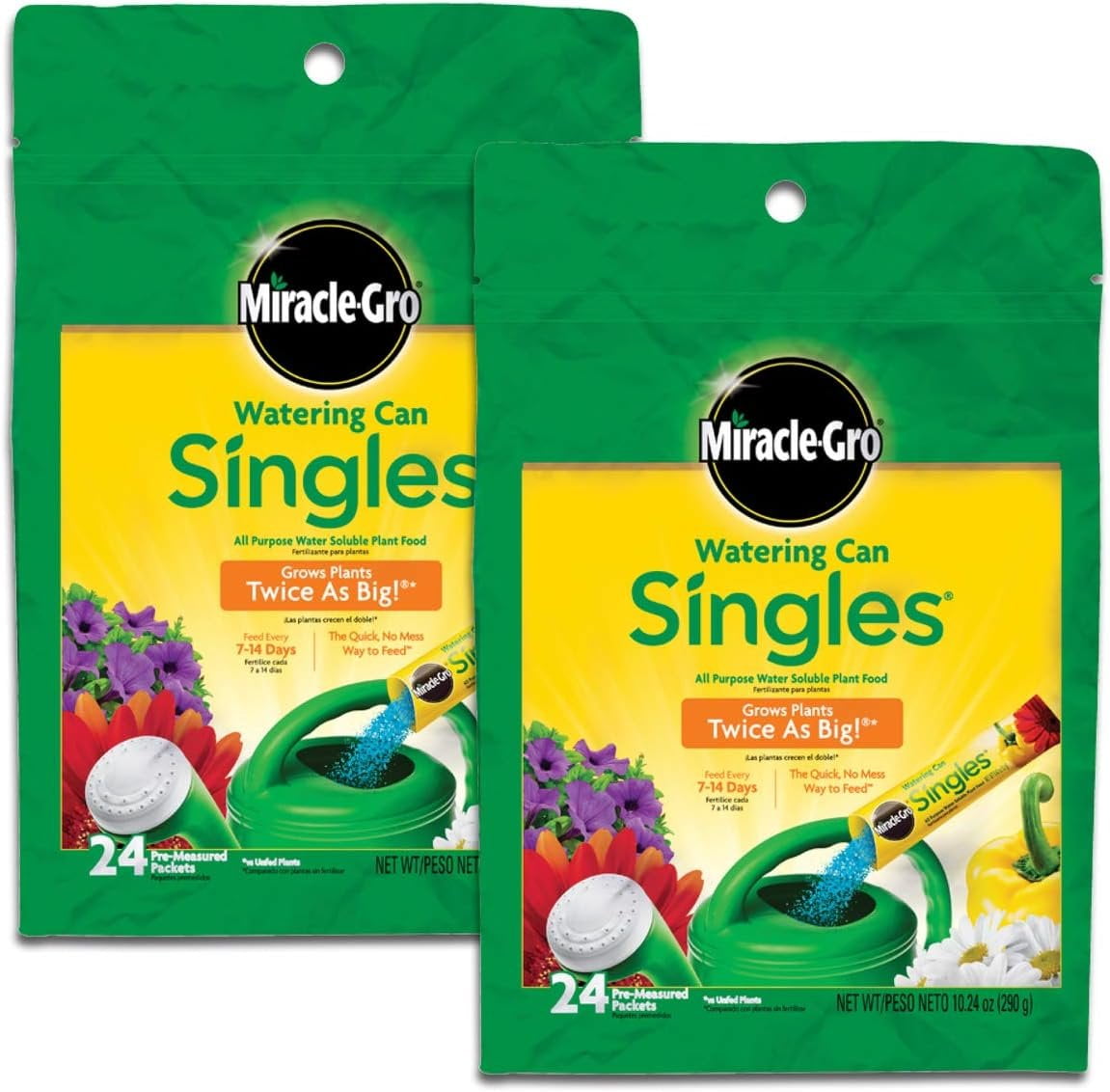 2-pack Miracle-Gro Watering Can Singles All Purpose Plant Food - Water Soluble - 2 Pack, 48 Packets — Outdoor & Indoor Plant Use, Easy Application