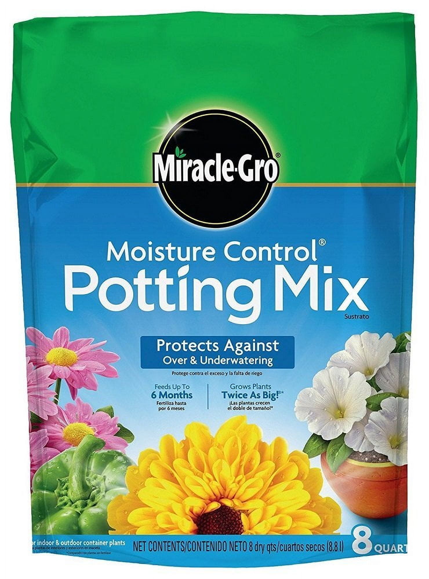 Miracle-Gro Moisture Control Potting Mix - For Flowers, Everyday Use - 2 Units, 0.26 Cu Ft, 8 Qt