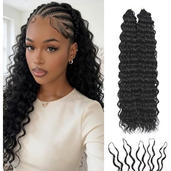 Miracle Knots Crochet Hair (Deep Wave) - 14" Hand-Tied Synthetic Extensions, 50 Strands Soft Core Glue-Free Knotless Hair Pieces ( Black)