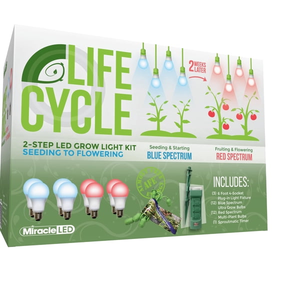 Miracle LED Plant Life Cycle 4-Socket Synchronized Grow Light Kit with 4 Blue Spectrum Ultra Grow Bulbs and 4 Red Spectrum Multi-Plant Bulbs and Sproutmatic All-Weather Timer Controls (3-Pack)
