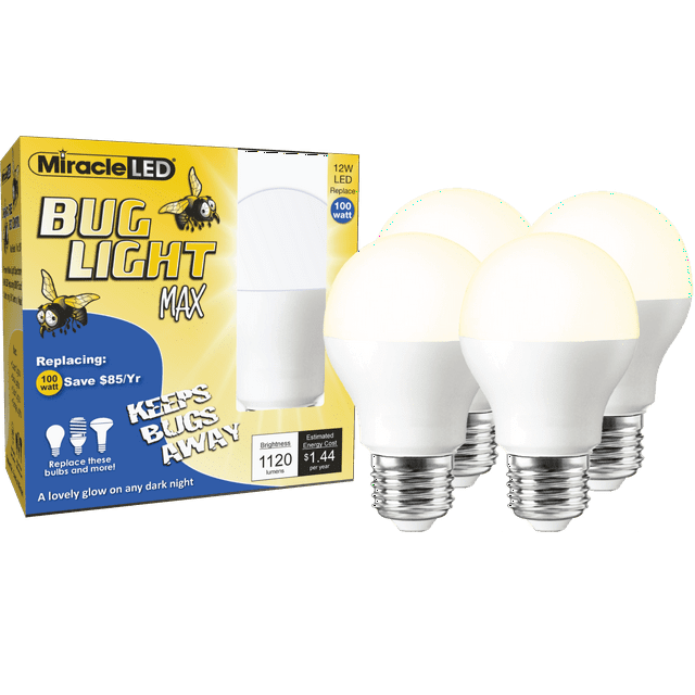 Miracle LED Yellow Bug Light MAX Replace 100W Outdoor Bulb 4 Pack
