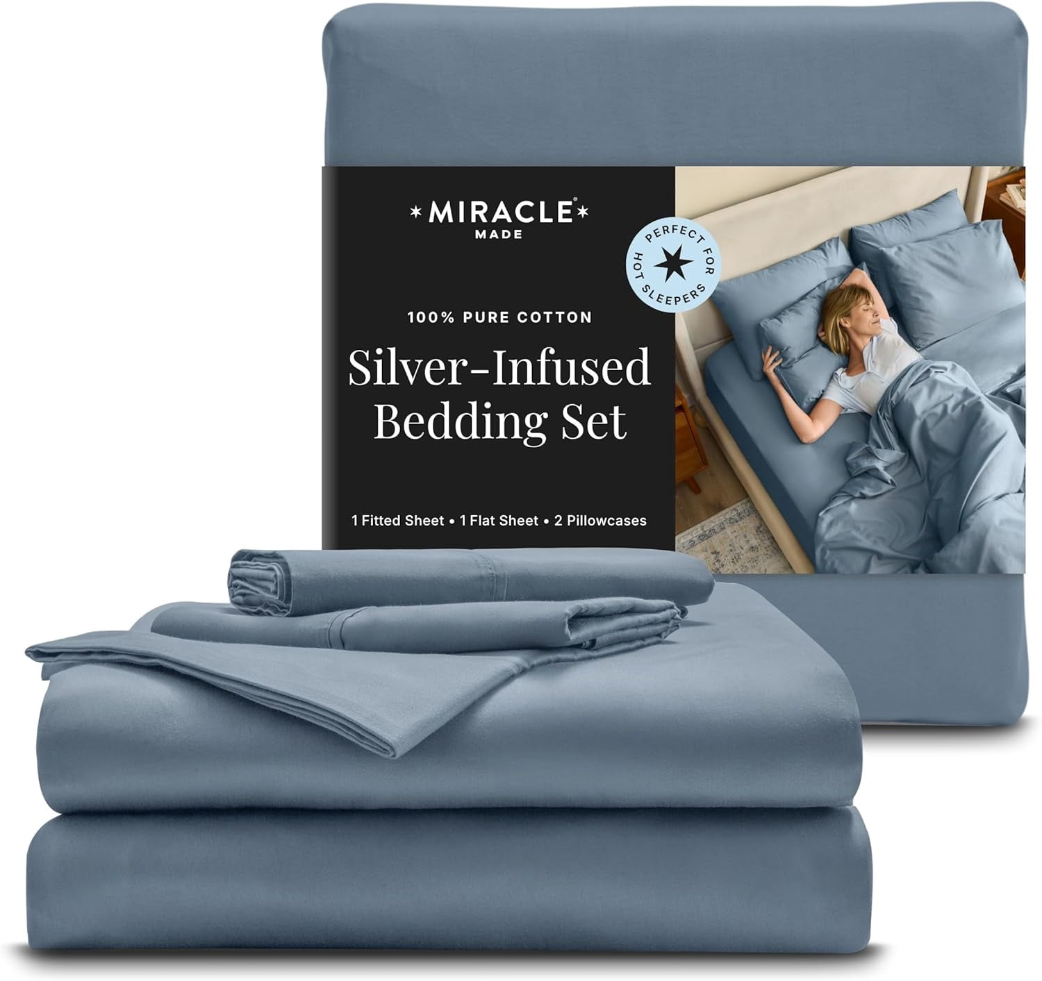 Miracle Made Breathable Cotton Bed Sheets, 4 Piece Queen Sheet Set, Deep Pocket Silver-Treated Cooling Sheets, Lightweight for Hot Sleeper, Slate Blue