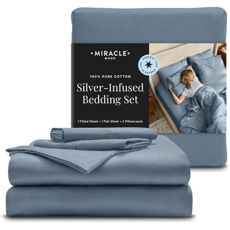 Miracle Made Breathable Cotton Bed Sheets, 4 Piece Queen Sheet Set, Deep Pocket Silver-Treated Cooling Sheets, Lightweight for Hot Sleeper, Slate Blue