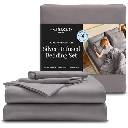 Miracle Made Cotton Full Size Sheets, 4 Piece Sheet Set, 300 Thread Count, Silver-Treated Soft Breathable Cooling Sheets for Hot Sleepers, Stone