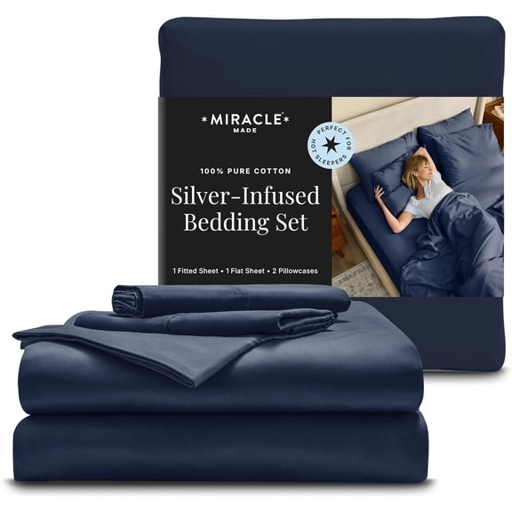 Miracle Made Cotton Queen Bed Sheets, 4 Piece Queen Sheets 300 Thread Count, Silver-Treated Soft Breathable Cooling Sheets for Hot Sleepers, Navy Blue