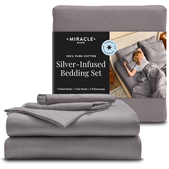 Miracle Made Cotton Twin Bed Sheets, 3 Piece Sheet Set, 300 Thread Count, Silver-Treated Soft Breathable Cooling Sheets for Hot Sleepers, Stone