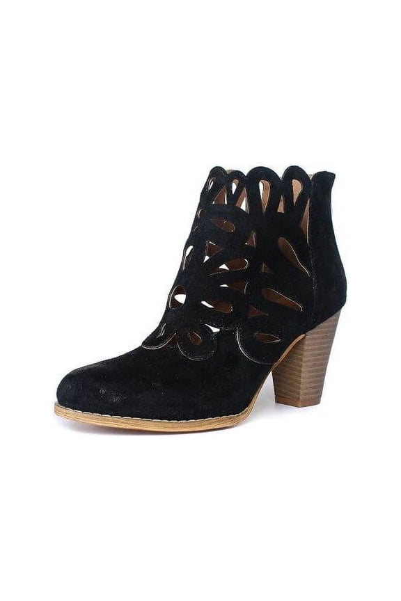 Urban Retro Black Suede Laser Cutout Stacked Heel Ankle Boots (Black Suede, 6.5)