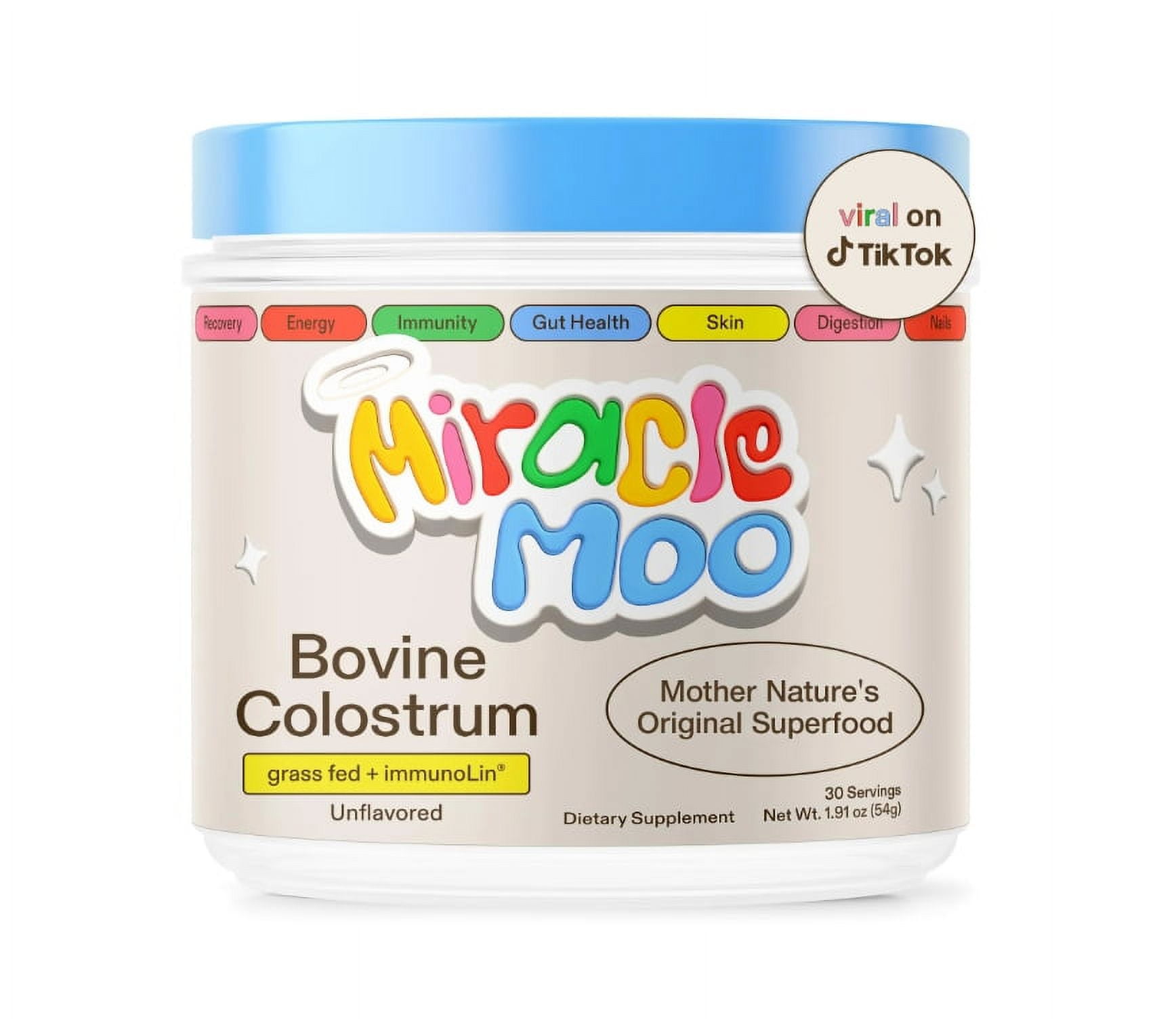 Miracle Moo Colostrum Supplement for Gut Health, Hair Growth, Beauty and Immune Support (30 Servings)