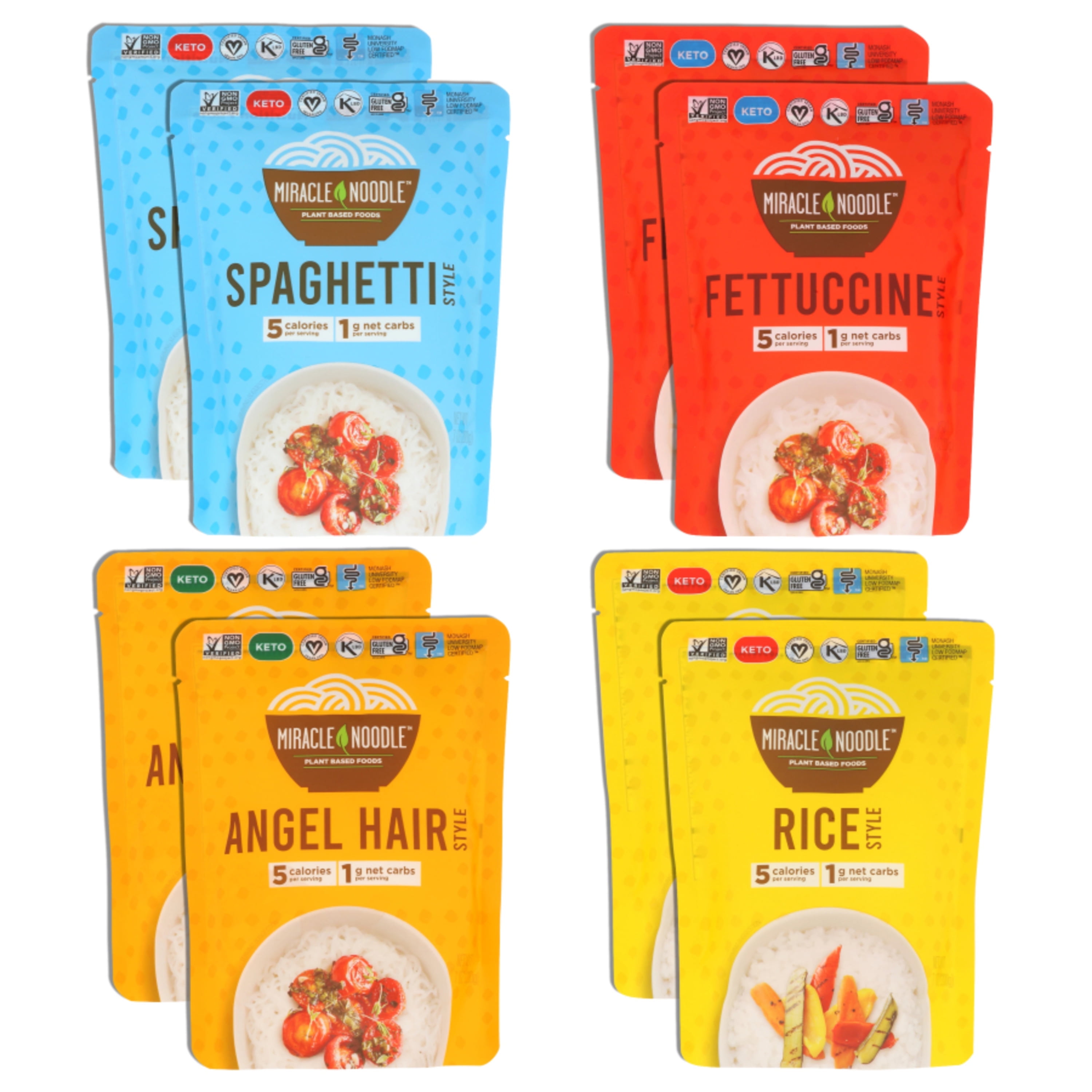 Miracle Noodle Variety Pack Ready to Eat Noodles (Angel Hair, Fettuccine, Spaghetti & Rice) 2 Bags Each, 8-Pack
