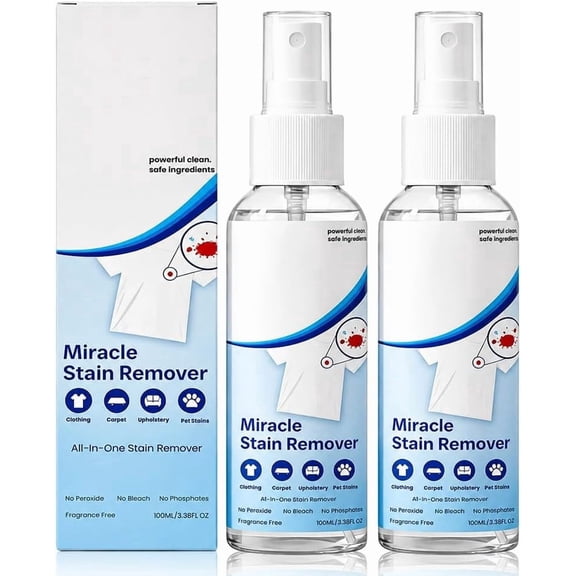 Miracle Stain Remover Spray, All-In-One Household Stain Solution (2) | Clothes Stain Remover, Household Use, All-In-One, Multi-Surface, Removes Coffee, Wine, Grease, Pet Stains from Clothes