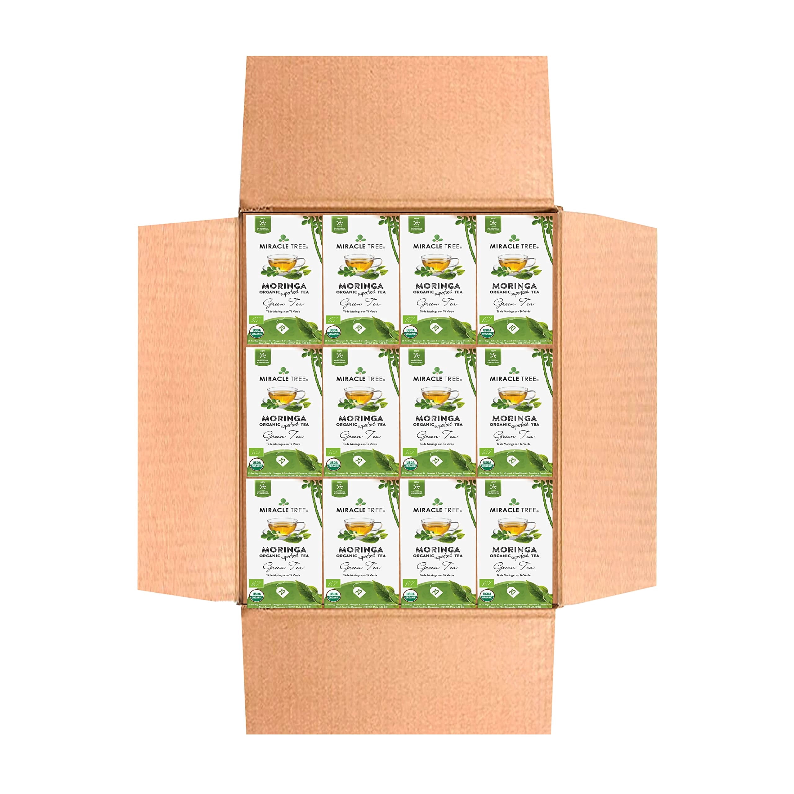 Miracle Tree Organic Moringa Superfood Green Tea Bags, Decaffeinated, Pack of 12 (300 Count)