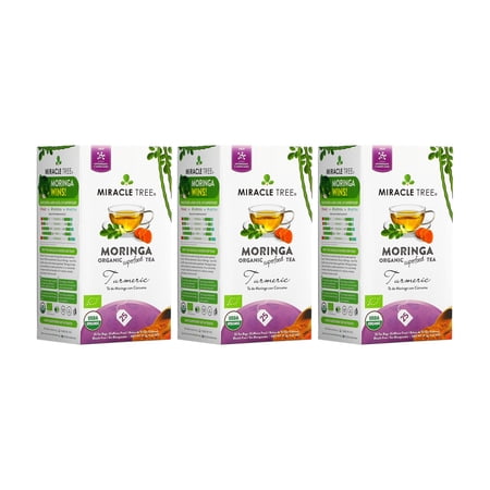 Miracle Tree Organic Moringa Tea, Turmeric, 25 Enveloped Tea Bags, 3 Count