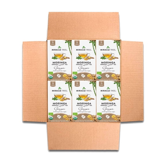 Miracle Tree Organic Moringa Ginger Tea, 25 Enveloped Tea Bags, 6 Count