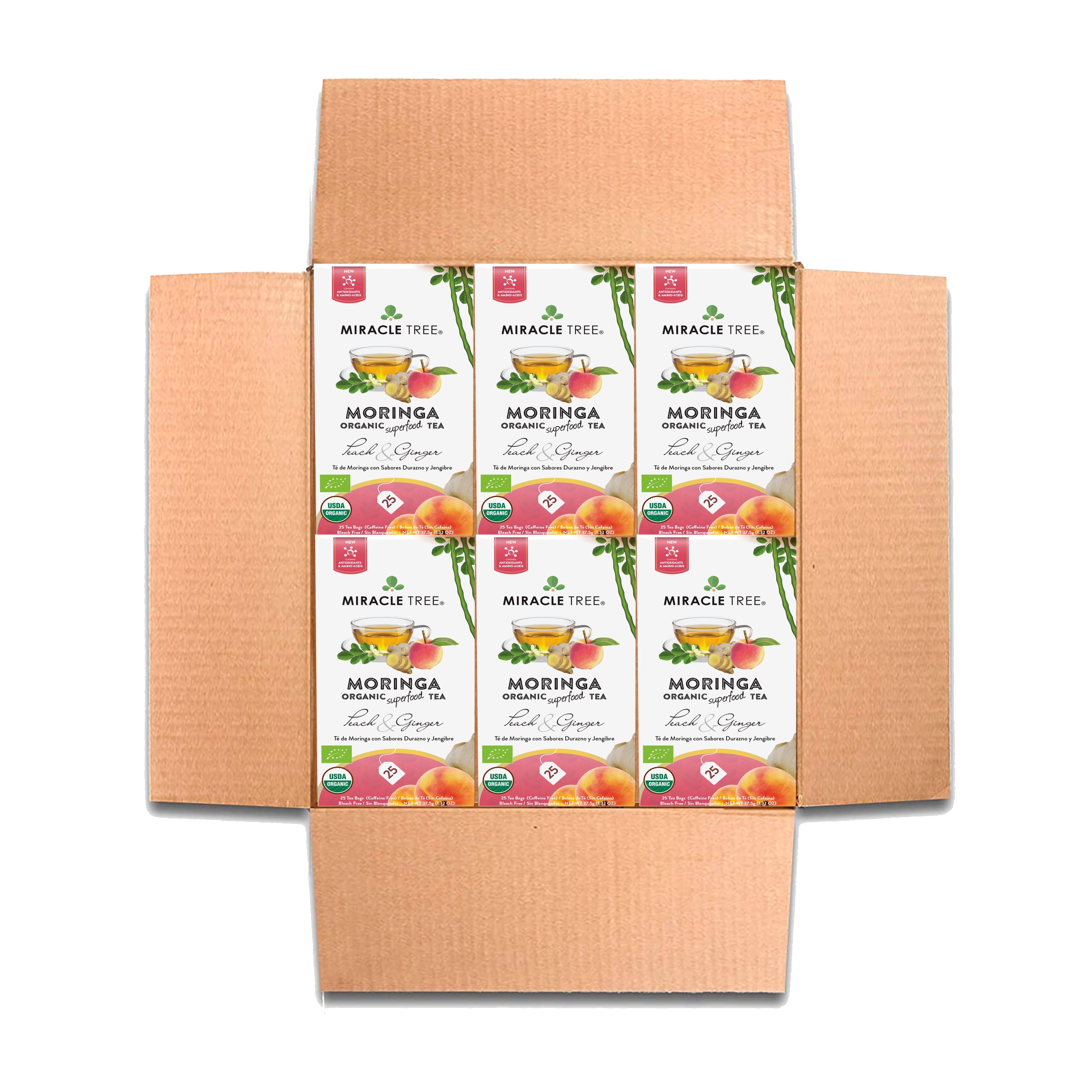 Miracle Tree Organic Superfood Herbal Moringa Tea, Peach & Ginger, 25 Enveloped Tea Bags, 6 Count