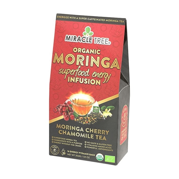 Miracle Tree Organic Moringa Energy Tea, Cherry Chamomile, 16 Pyramid Sachets