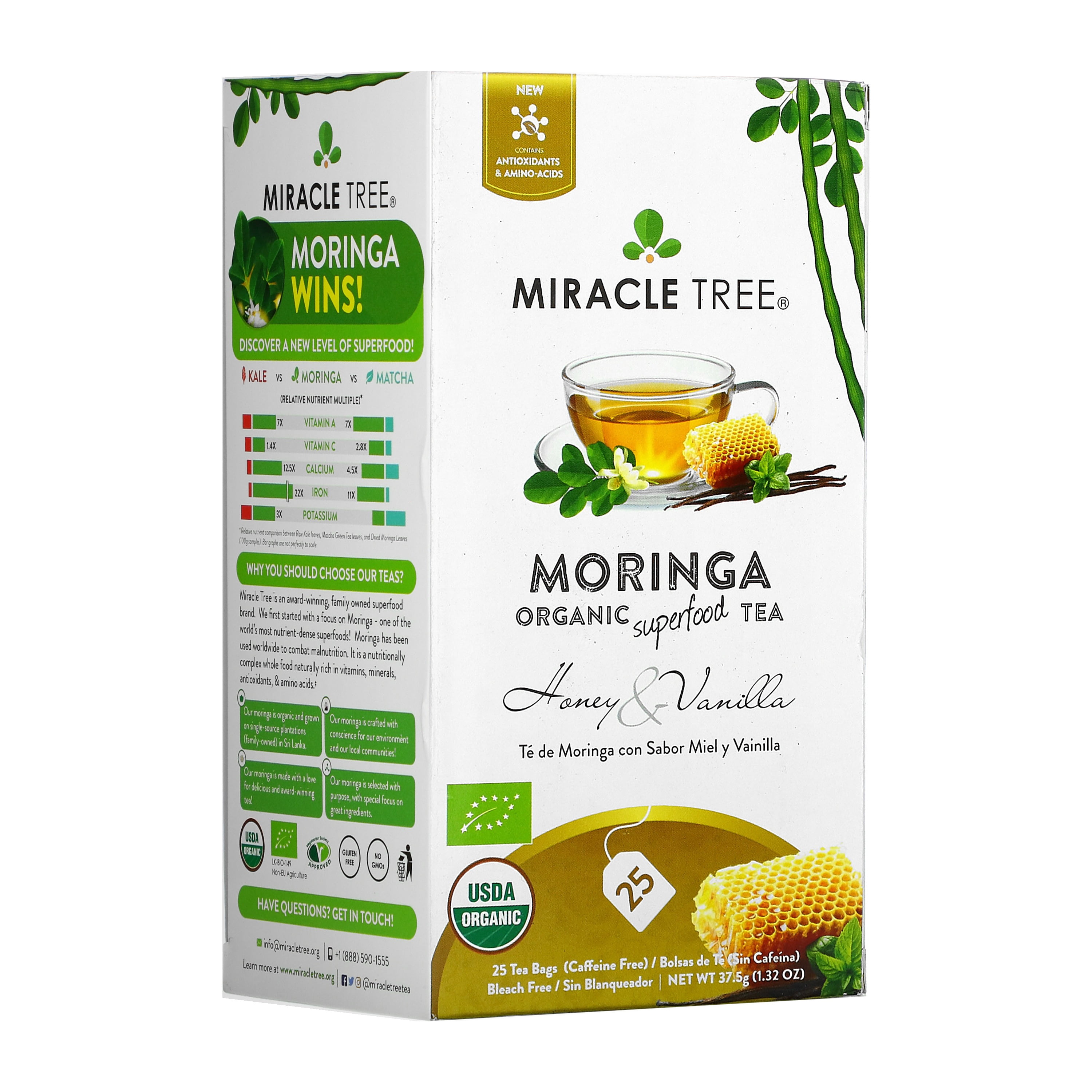 Miracle Tree Organic Moringa Tea, Honey & Vanilla, Caffeine-Free Herbal Tea Bags, 25 Count