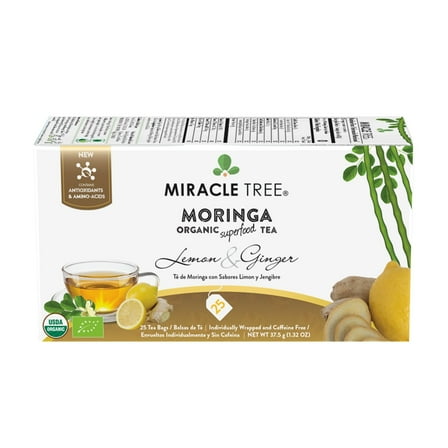 Miracle Tree Organic Moringa Superfood Herbal Tea Bags, Lemon & Ginger, 25 Count