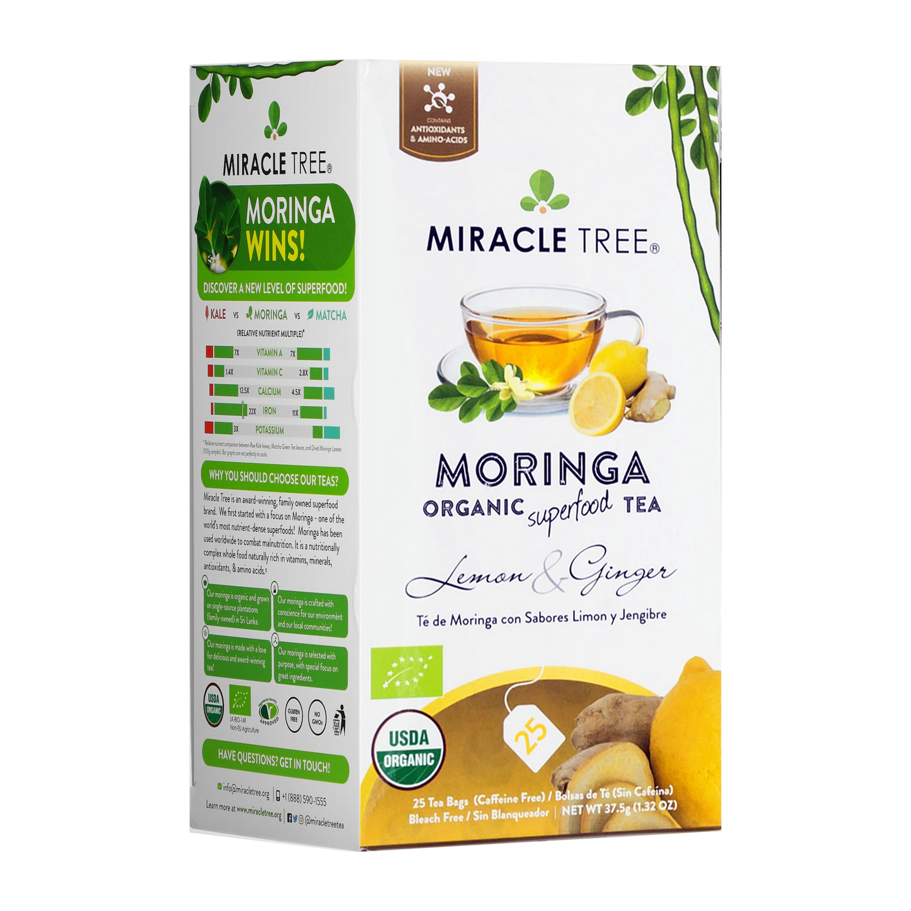 Miracle Tree Organic Moringa Tea, Lemon & Ginger, Caffeine-Free Tea Bags, 25 Count