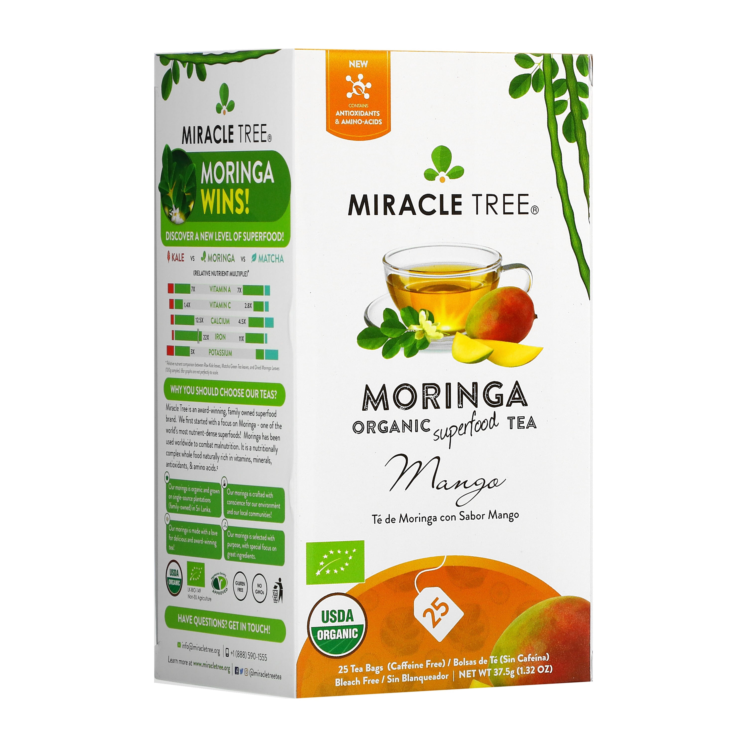 Miracle Tree Organic Moringa Tea, Mango, Caffeine-Free Fruit Tea Bags, 25 Count
