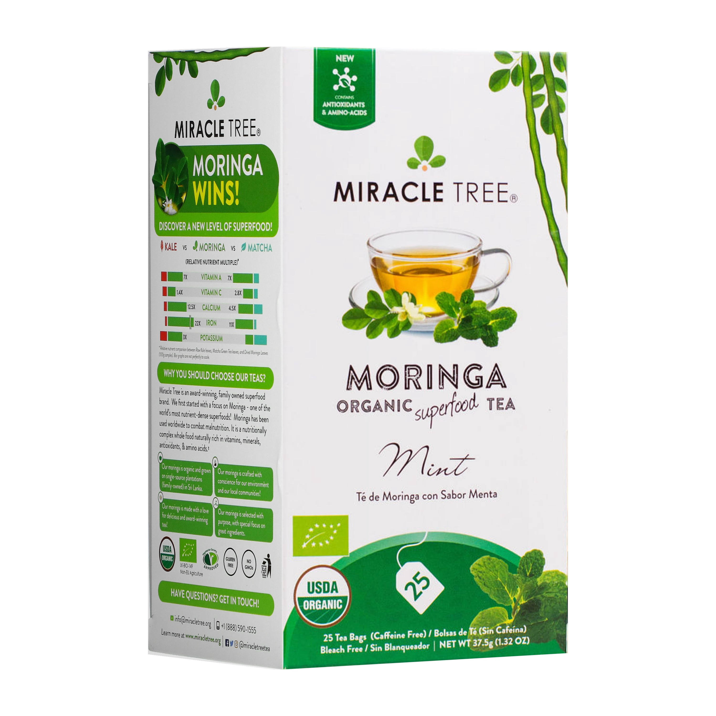 Miracle Tree Organic Moringa Tea, Mint, Caffeine-Free Herbal Tea Bags, 25 Count