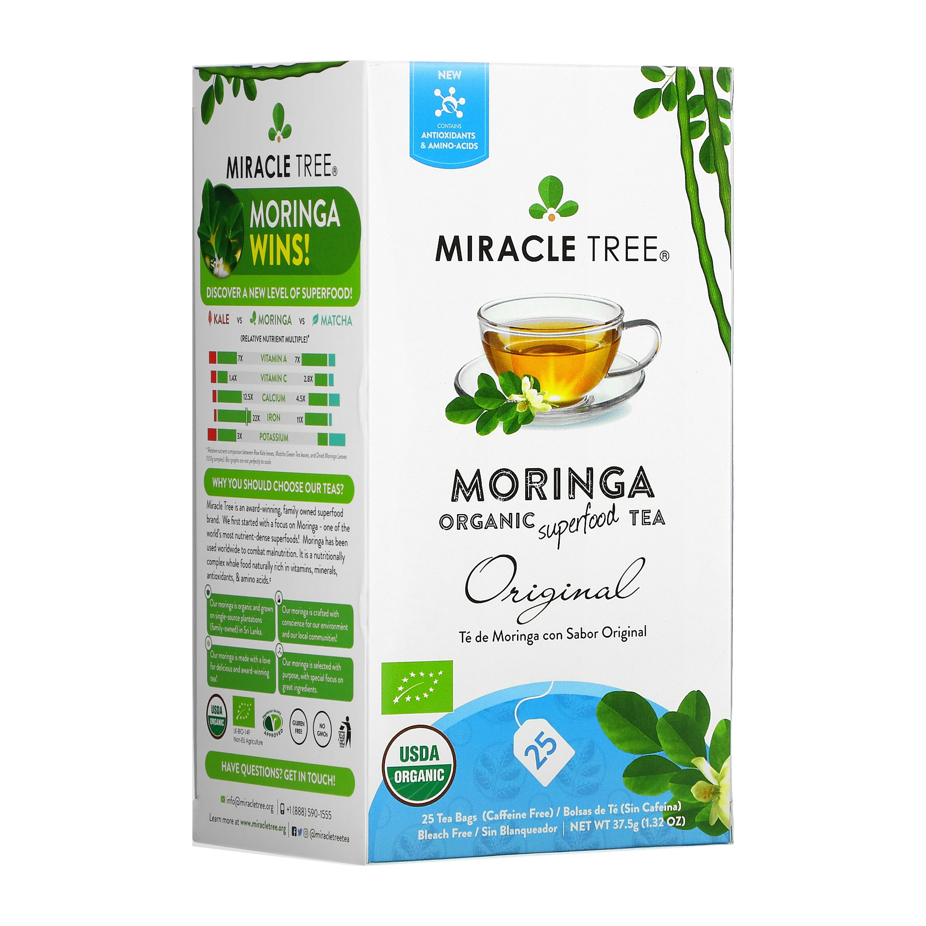 Miracle Tree Organic Moringa Tea, Original, Caffeine-Free Herbal Tea Bags, 25 Count