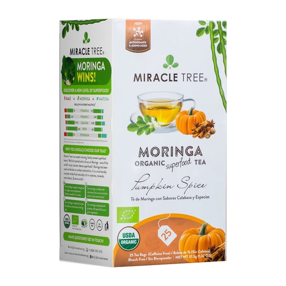 Miracle Tree Organic Moringa Tea, Pumpkin Spice, Caffeine-Free Herbal Tea Bags, 25 Count
